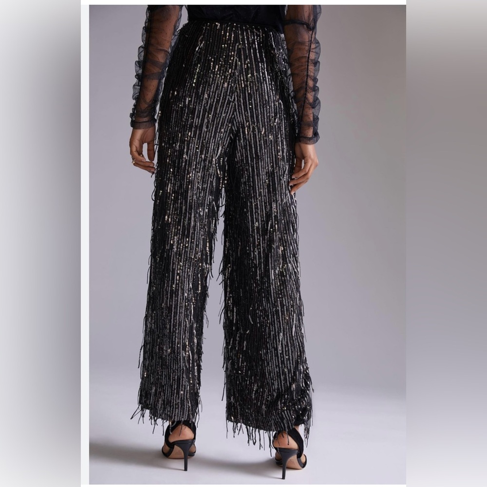 Anthropologie Maeve Fringed Sequined Wide Leg Pants Sequin